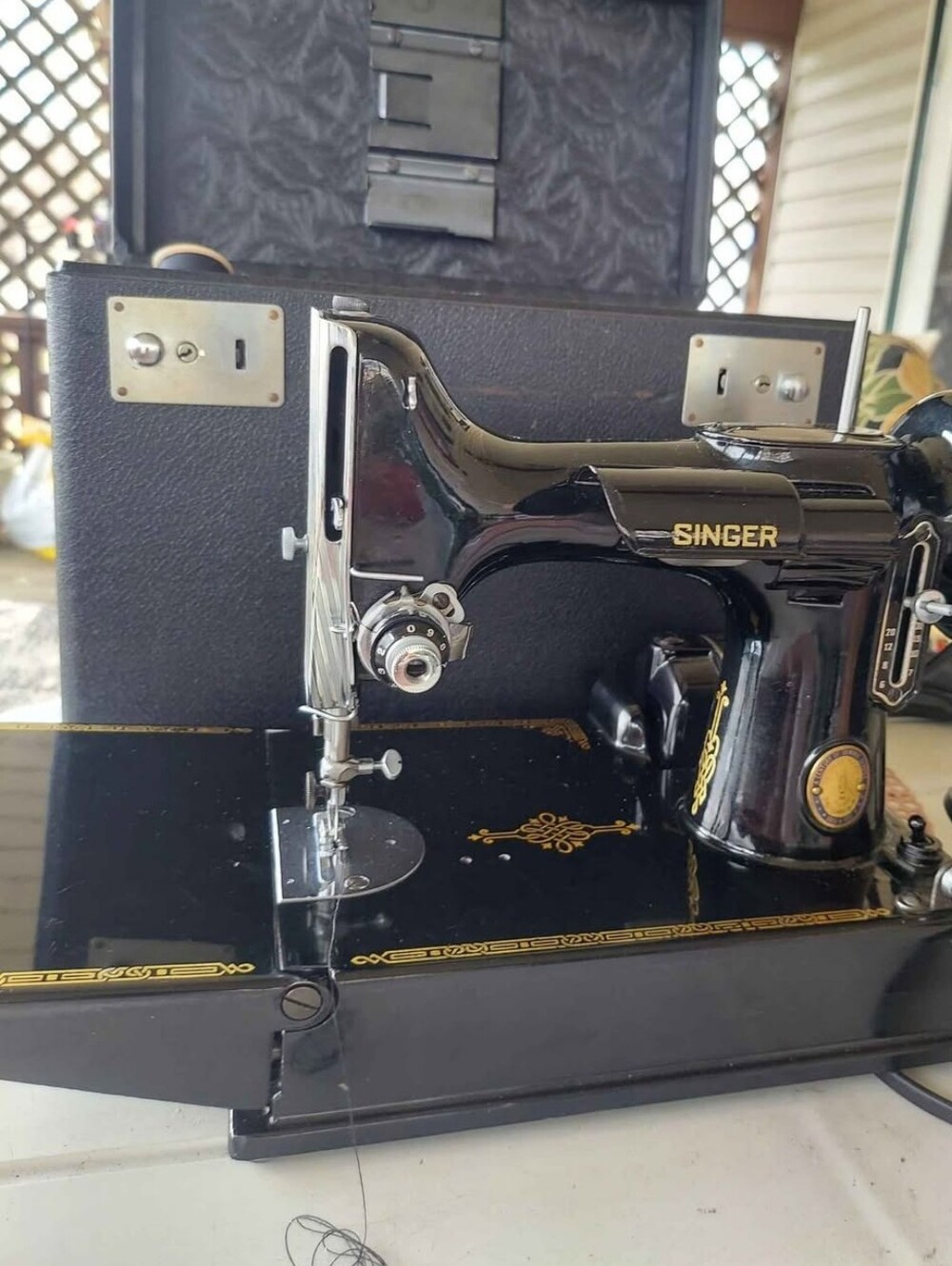 Antique Singer Vintage Black 221 Series Gold Trim  Sewing Machine Works Great